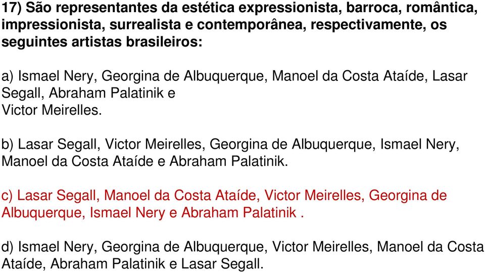 b) Lasar Segall, Victor Meirelles, Georgina de Albuquerque, Ismael Nery, Manoel da Costa Ataíde e Abraham Palatinik.