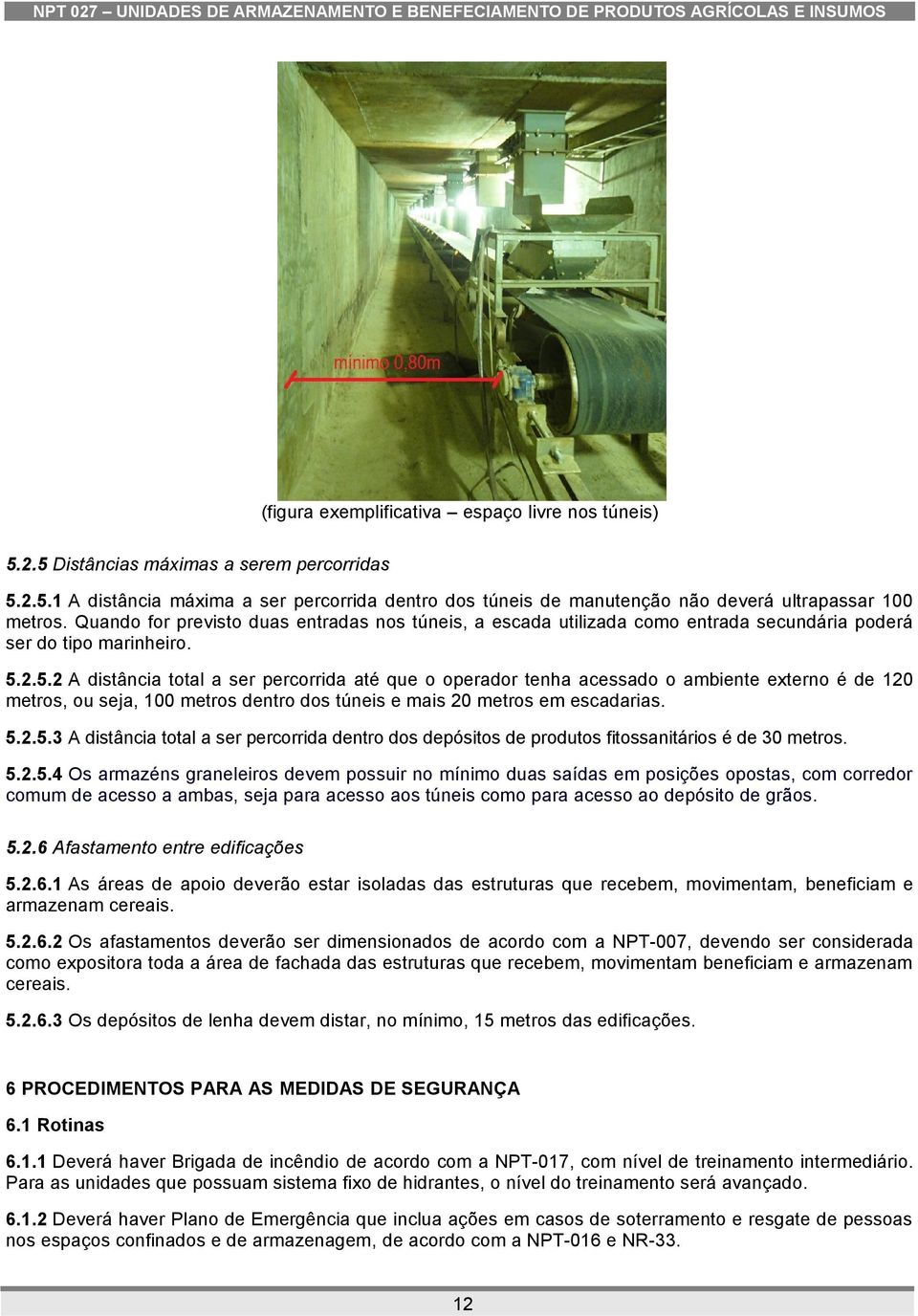 2.5.2 A distância total a ser percorrida até que o operador tenha acessado o ambiente externo é de 120 metros, ou seja, 100 metros dentro dos túneis e mais 20 metros em escadarias. 5.2.5.3 A distância total a ser percorrida dentro dos depósitos de produtos fitossanitários é de 30 metros.