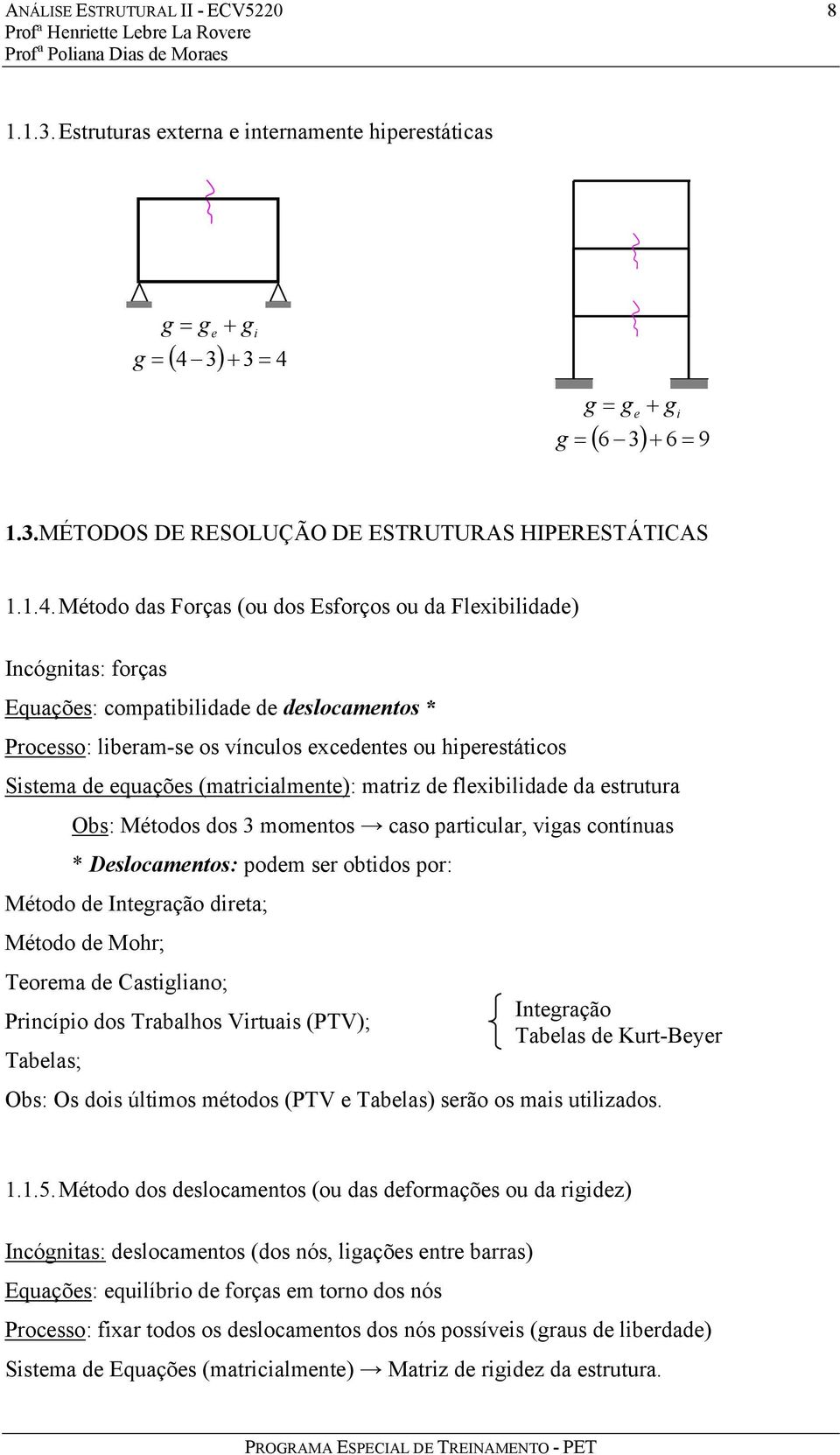 Método das Forças (ou dos Esforços ou da Fexibiidade) Incógnitas: forças Equações: compatibiidade de desocamentos * Processo: iberam-se os víncuos excedentes ou hiperestáticos Sistema de equações