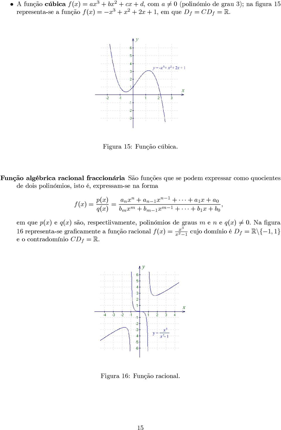 Função algébrica racional fraccionária São funções que se podem expressar como quocientes de dois polinómios, isto é, expressam-se na forma f(x) = p(x) q(x)