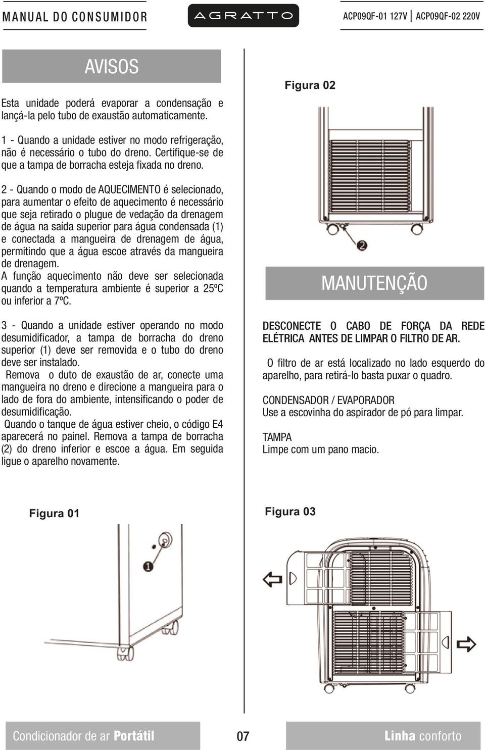 2 - Quando o modo de AQUECIMENTO é selecionado, para aumentar o efeito de aquecimento é necessário que seja retirado o plugue de vedação da drenagem de água na saída superior para água condensada (1)