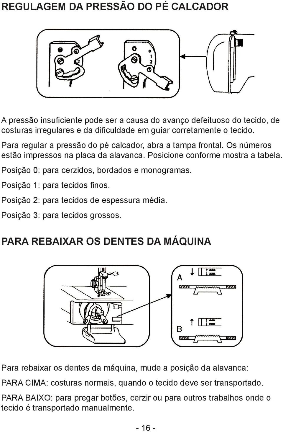 Posição 0: para cerzidos, bordados e monogramas. Posição 1: para tecidos finos. Posição 2: para tecidos de espessura média. Posição 3: para tecidos grossos.