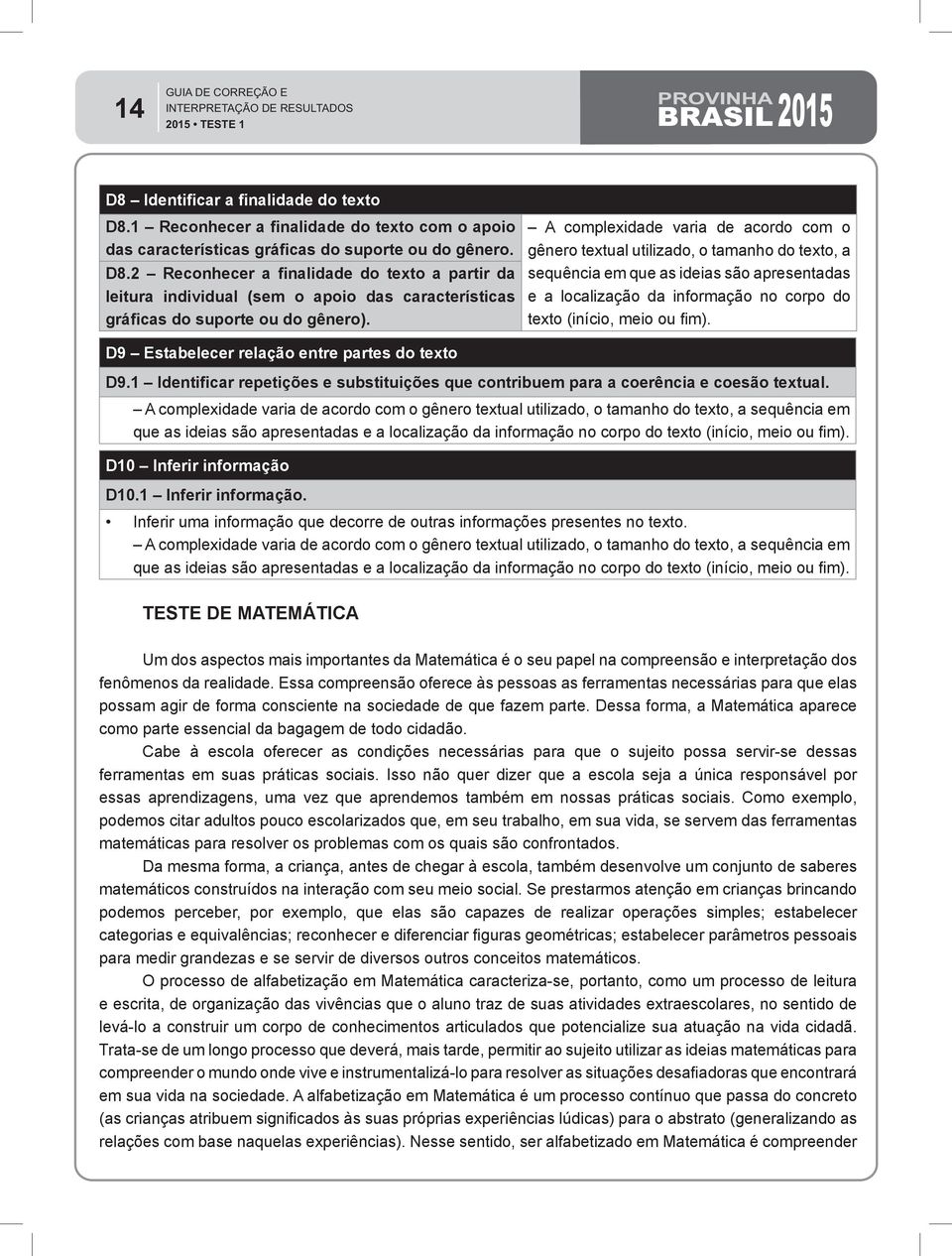 D9 Estabelecer relação entre partes do texto D9.1 Identificar repetições e substituições que contribuem para a coerência e coesão textual.  D10 Inferir informação D10.1 Inferir informação.