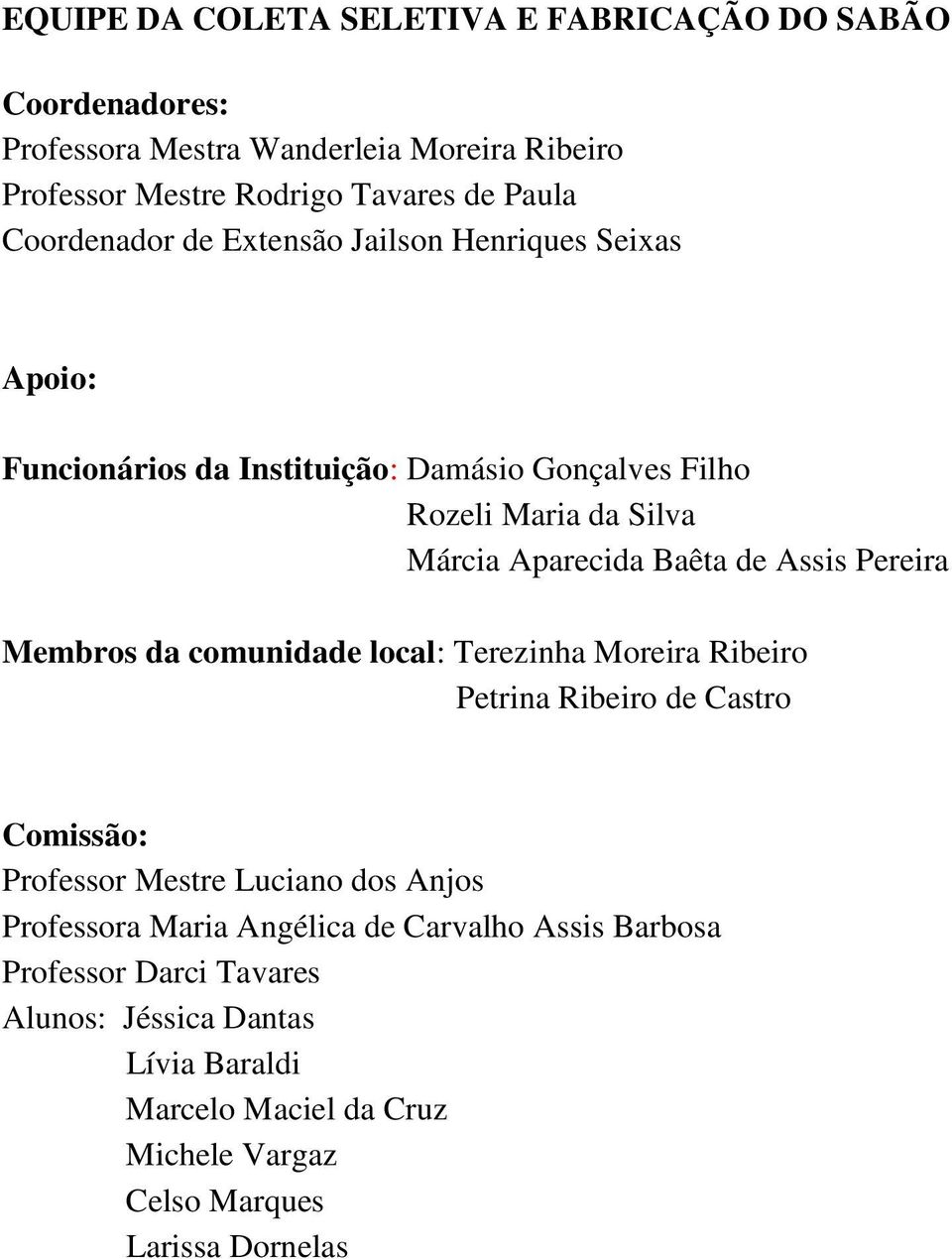 Assis Pereira Membros da comunidade local: Terezinha Moreira Ribeiro Petrina Ribeiro de Castro Comissão: Professor Mestre Luciano dos Anjos Professora Maria