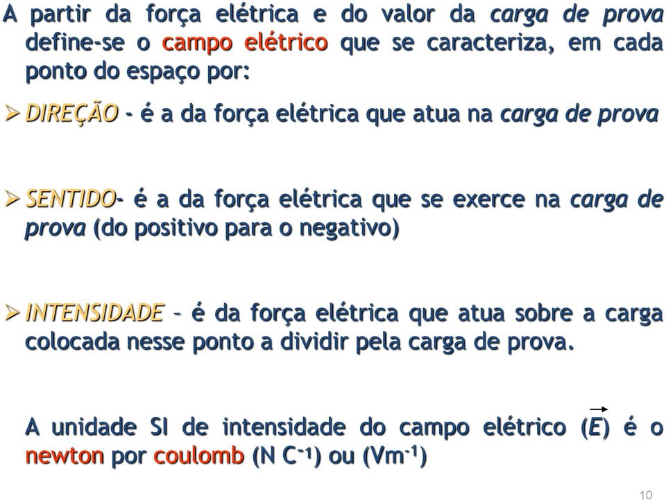 carga de prova (do positivo para o negativo) INTENSIDADE é da força elétrica que atua sobre a carga colocada nesse ponto