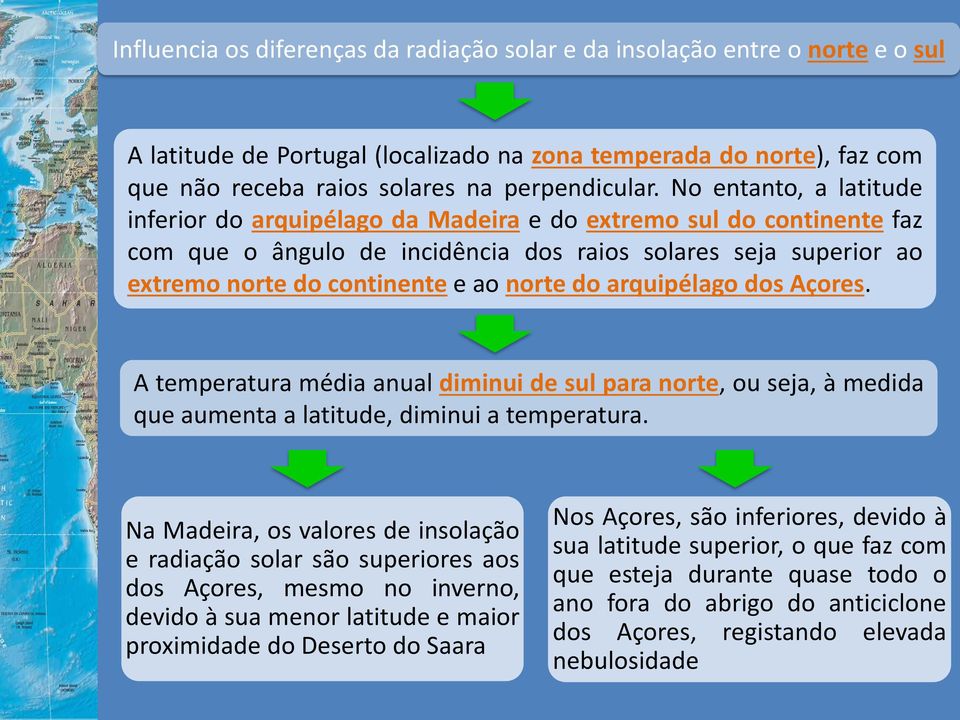 do arquipélago dos Açores. A temperatura média anual diminui de sul para norte, ou seja, à medida que aumenta a latitude, diminui a temperatura.