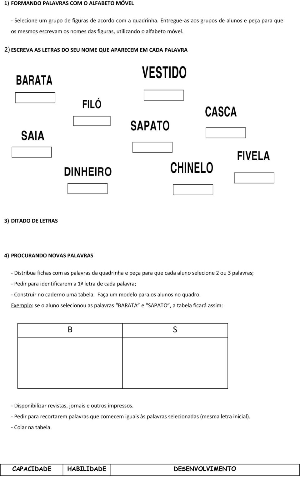 2) ESCREVA AS LETRAS DO SEU NOME QUE APARECEM EM CADA PALAVRA 3) DITADO DE LETRAS 4) PROCURANDO NOVAS PALAVRAS - Distribua fichas com as palavras da quadrinha e peça para que cada aluno selecione 2