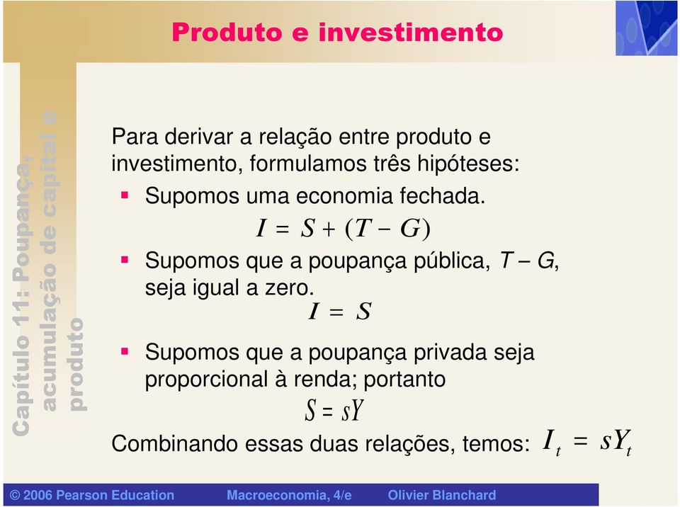 I = S + ( T G) Supomos que a poupança pública, T G, seja igual a zero.