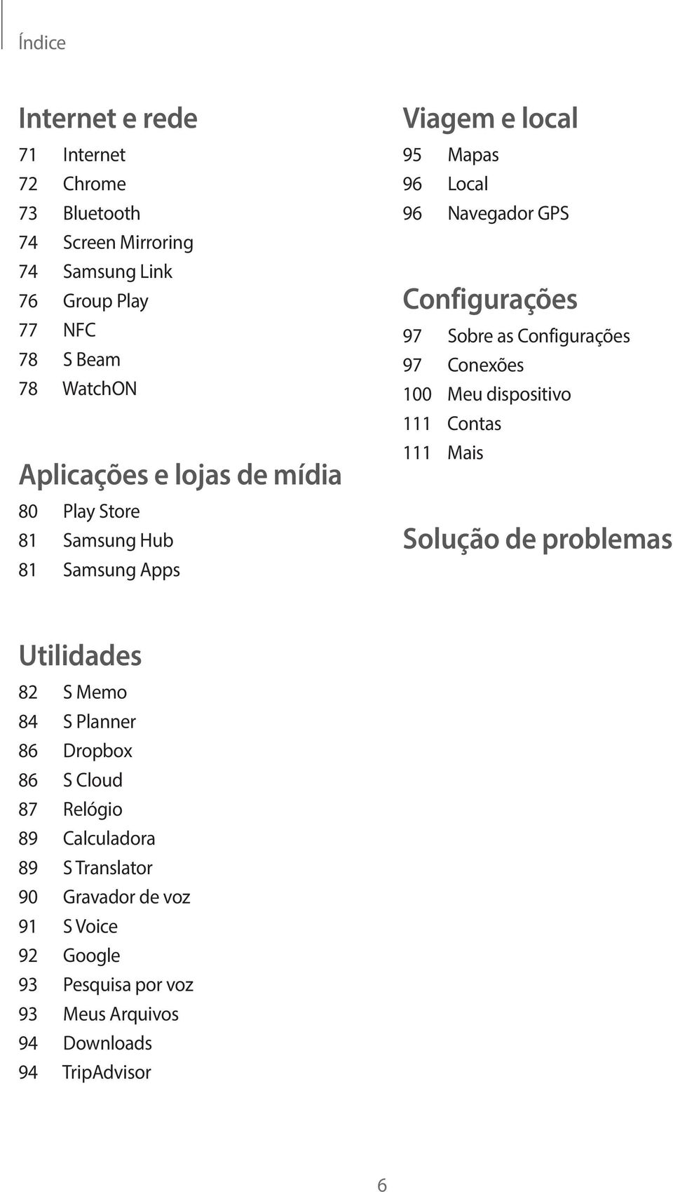 Sobre as Configurações 97 Conexões 100 Meu dispositivo 111 Contas 111 Mais Solução de problemas Utilidades 82 S Memo 84 S Planner 86 Dropbox 86