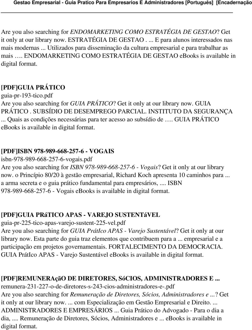 pdf Are you also searching for GUIA PRÁTICO? Get it only at our library now. GUIA PRÁTICO. SUBSÍDIO DE DESEMPREGO PARCIAL. INSTITUTO DA SEGURANÇA.