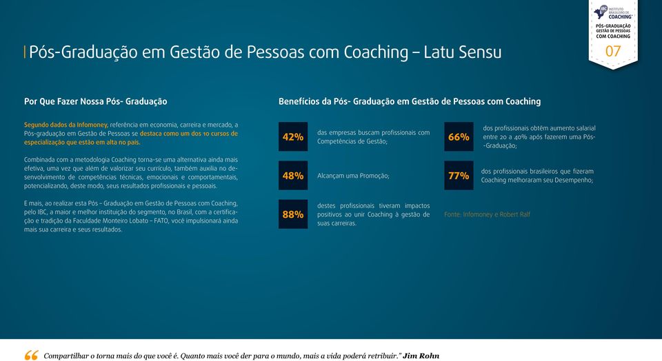 42% das empresas buscam profissionais com Competências de Gestão; 66% dos profissionais obtêm aumento salarial entre 20 a 40% após fazerem uma Pós- -Graduação; Combinada com a metodologia Coaching