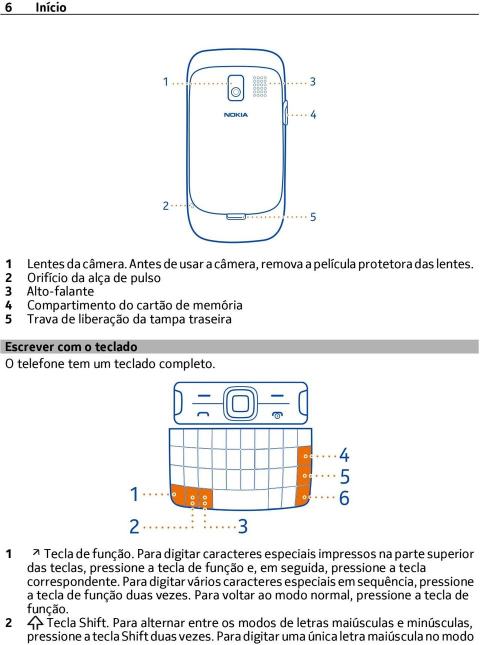 1 Tecla de função. Para digitar caracteres especiais impressos na parte superior das teclas, pressione a tecla de função e, em seguida, pressione a tecla correspondente.