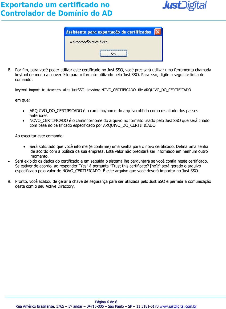 arquivo obtido como resultado dos passos anteriores NOVO_CERTIFICADO é o caminho/nome do arquivo no formato usado pelo Just SSO que será criado com base no certificado especificado por