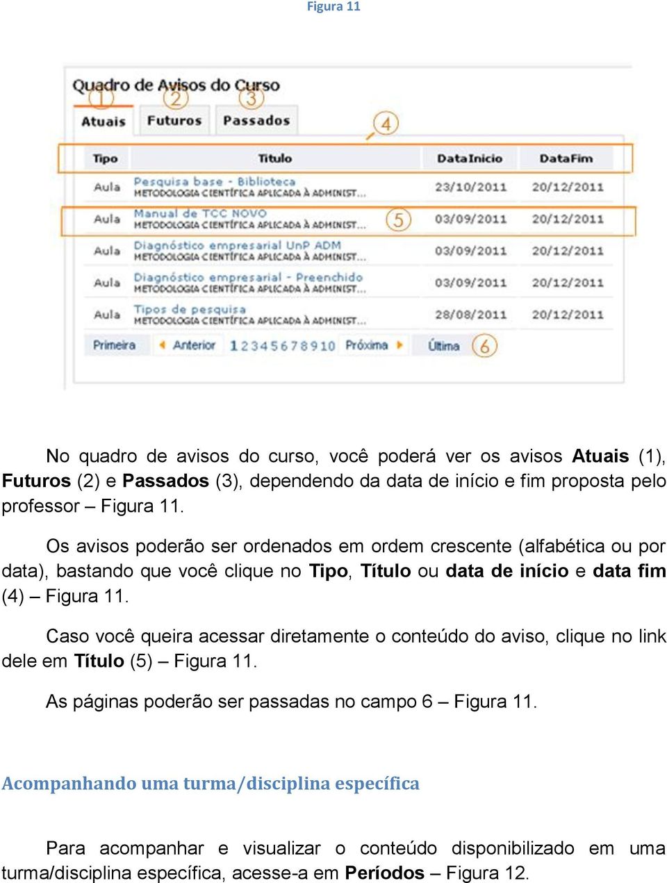 Os avisos poderão ser ordenados em ordem crescente (alfabética ou por data), bastando que você clique no Tipo, Título ou data de início e data fim (4)  Caso você