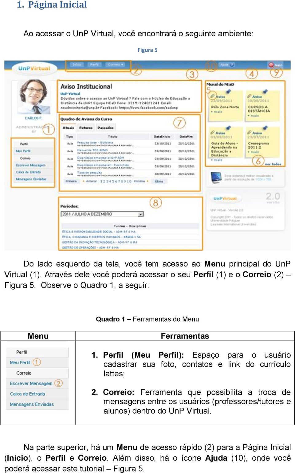 Perfil (Meu Perfil): Espaço para o usuário cadastrar sua foto, contatos e link do currículo lattes; 2.