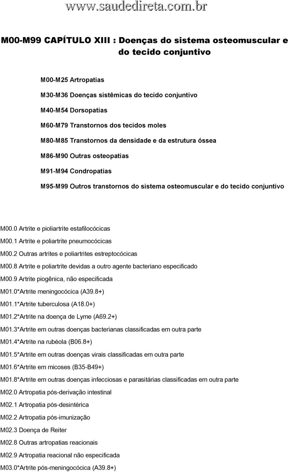 0 Artrite e pioliartrite estafilocócicas M00.1 Artrite e poliartrite pneumocócicas M00.2 Outras artrites e poliartrites estreptocócicas M00.