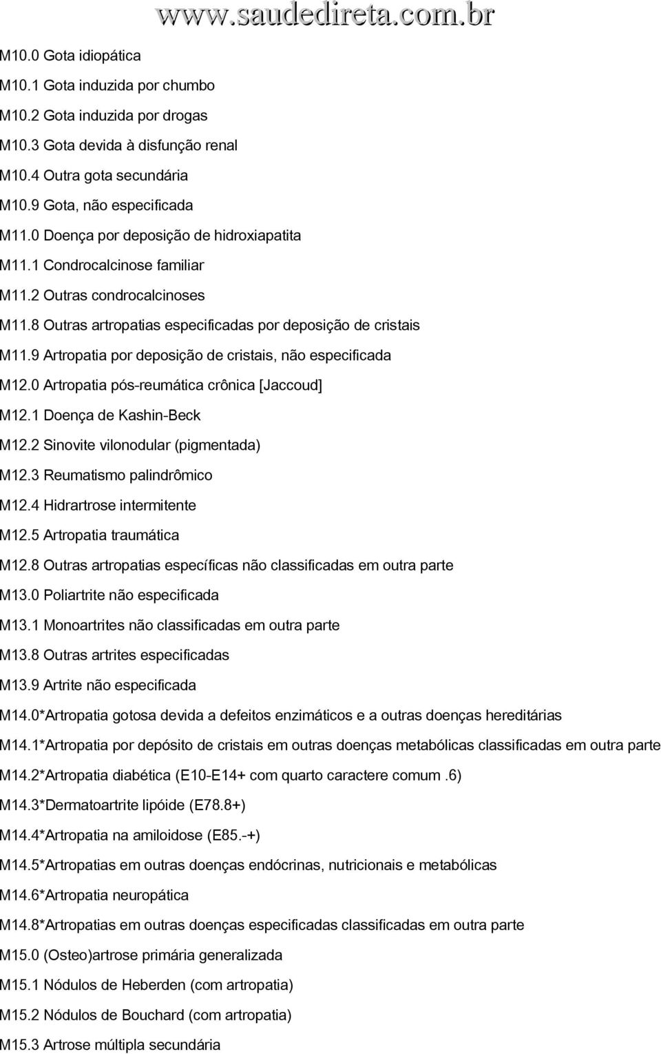 9 Artropatia por deposição de cristais, não especificada M12.0 Artropatia pós reumática crônica [Jaccoud] M12.1 Doença de Kashin Beck M12.2 Sinovite vilonodular (pigmentada) M12.