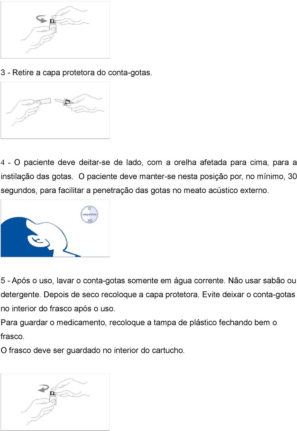 5 - Após o uso, lavar o conta-gotas somente em água corrente. Não usar sabão ou detergente. Depois de seco recoloque a capa protetora.