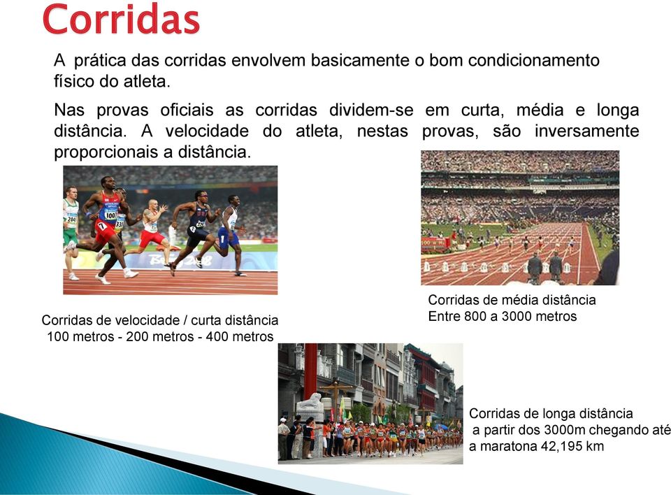 A velocidade do atleta, nestas provas, são inversamente proporcionais a distância.