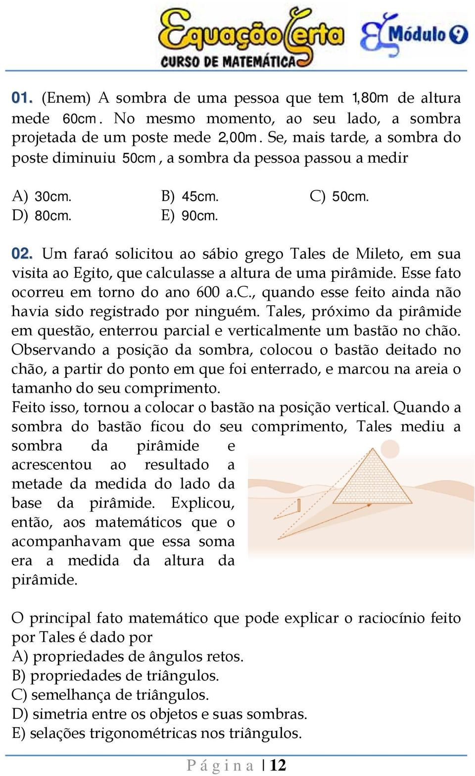 Um faraó solicitou ao sábio grego Tales de Mileto, em sua visita ao Egito, que calculasse a altura de uma pirâmide. Esse fato ocorreu em torno do ano 600 a.c., quando esse feito ainda não havia sido registrado por ninguém.