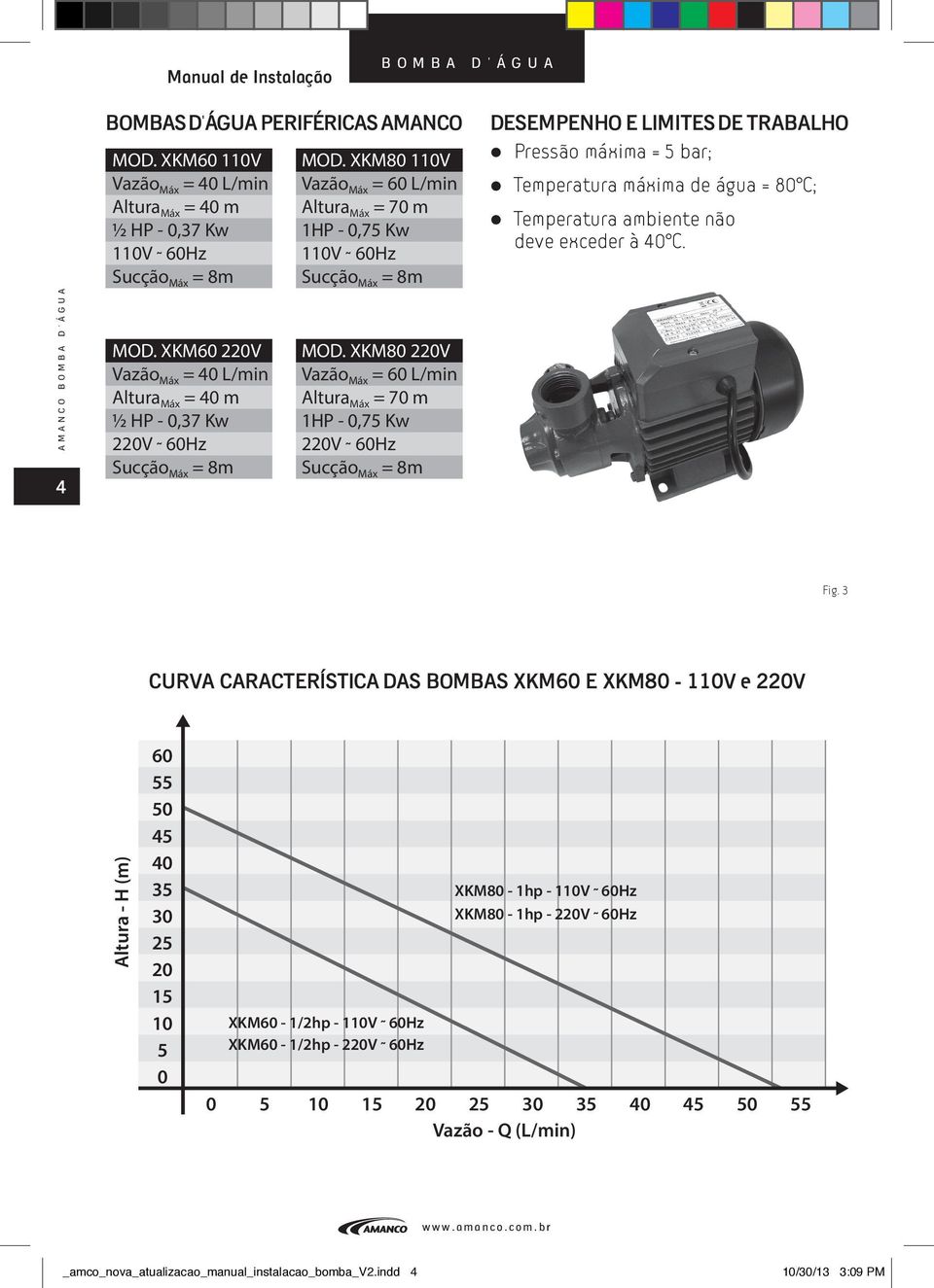 XKM80 220V Vazão Máx = 60 L/min Altura Máx = 70 m 1HP - 0,75 Kw 220V 60Hz Sucção Máx = 8m DESEMPENHO E LIMITES DE TRABALHO Pressão máxima = 5 bar; Temperatura máxima de água = 80 C; Temperatura