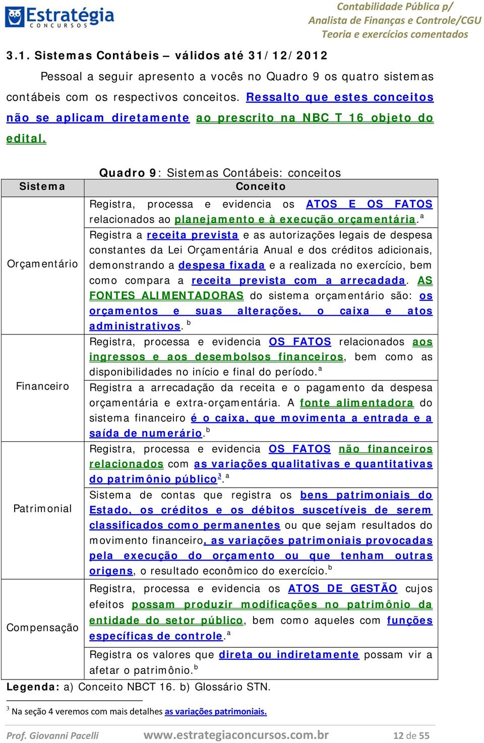 Sistema Orçamentário Financeiro Patrimonial Compensação Quadro 9: Sistemas Contábeis: conceitos Conceito Registra, processa e evidencia os ATOS E OS FATOS relacionados ao planejamento e à execução