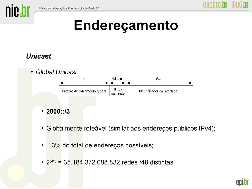 roteável (similar aos endereços públicos IPv4); 13% do total de