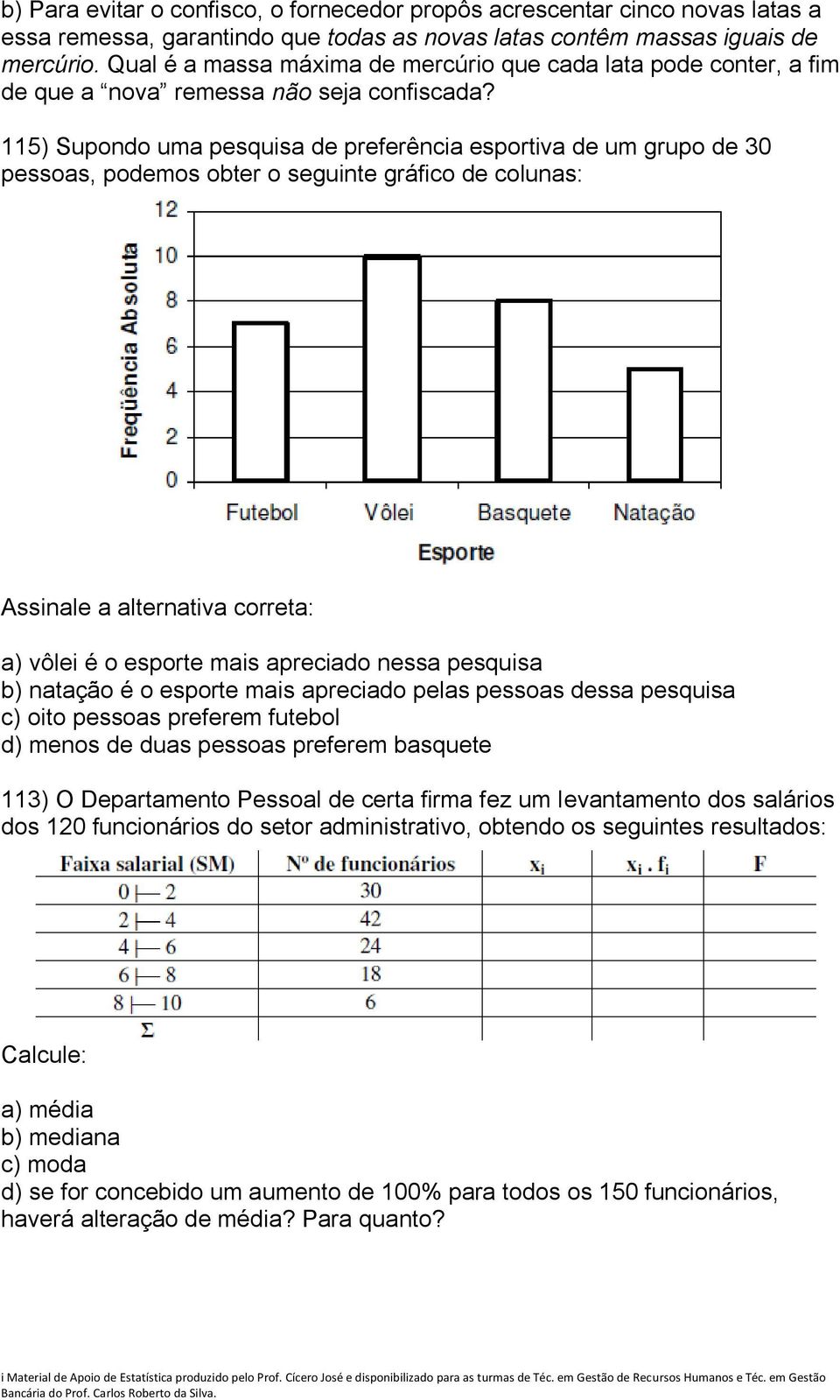 115) Supondo uma pesquisa de preferência esportiva de um grupo de 30 pessoas, podemos obter o seguinte gráfico de colunas: Assinale a alternativa correta: a) vôlei é o esporte mais apreciado nessa