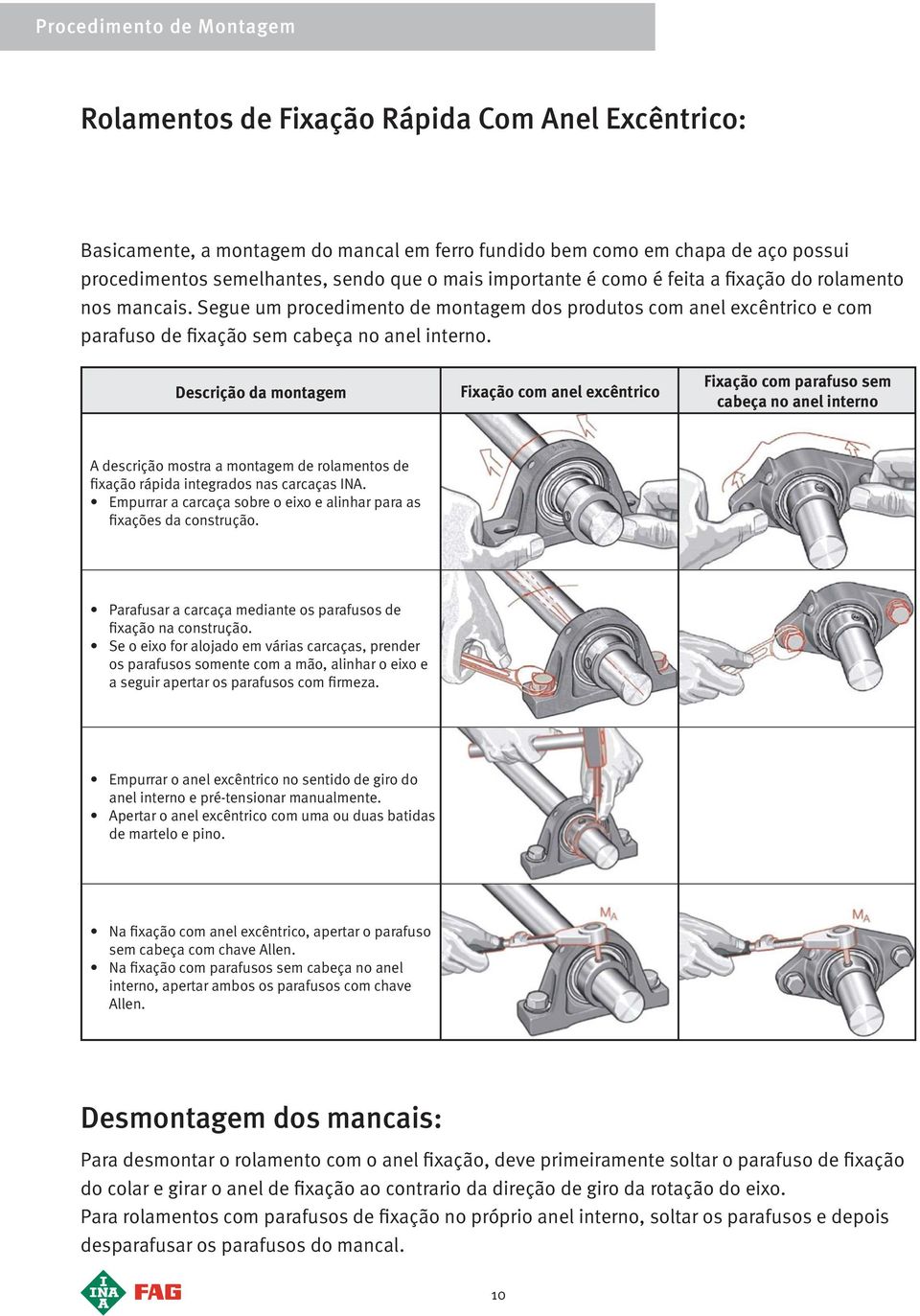 Descrição da montagem Fixação com anel excêntrico Fixação com parafuso sem cabeça no anel interno A descrição mostra a montagem de rolamentos de fixação rápida integrados nas carcaças INA.