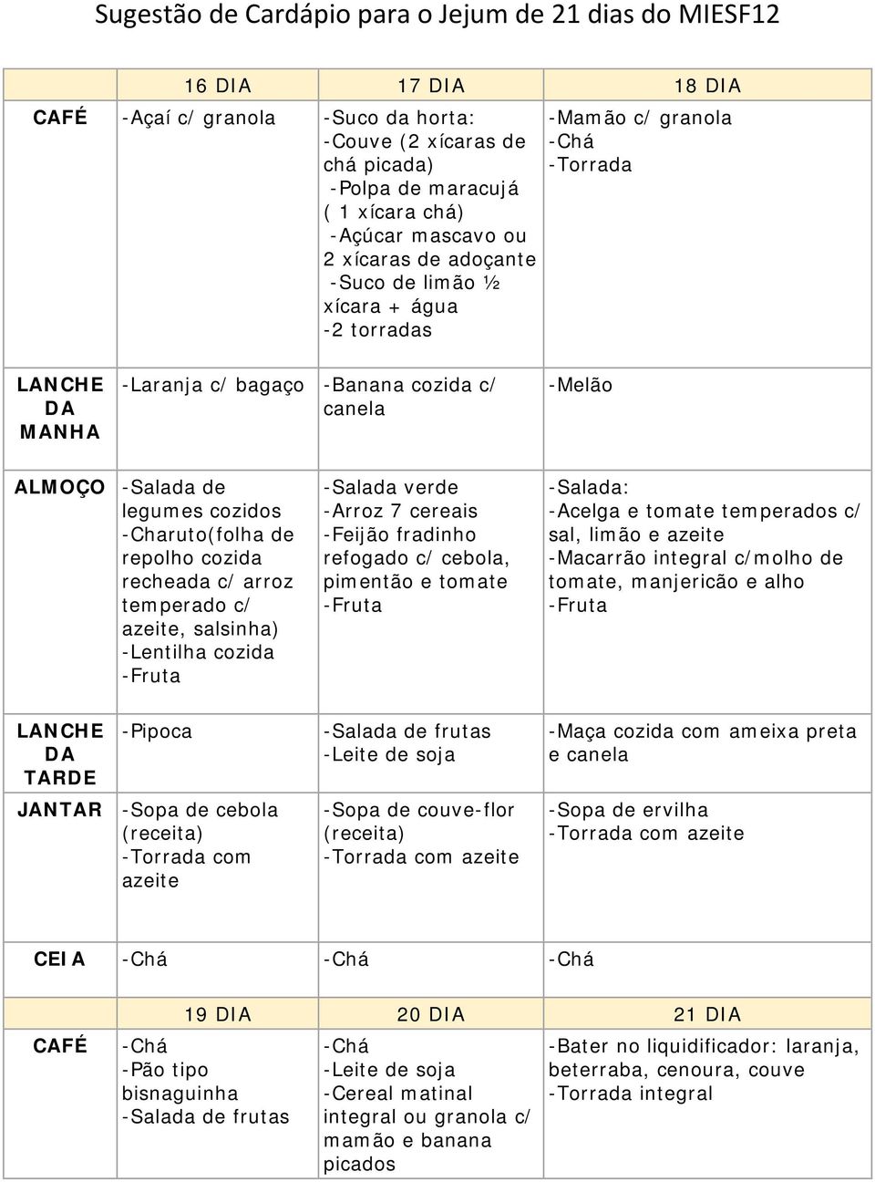 salsinha) -Lentilha cozida -Salada verde -Arroz 7 cereais fradinho refogado c/ cebola, pimentão e tomate -Salada: -Acelga e tomate temperados c/ sal, limão e azeite -Macarrão integral c/molho de