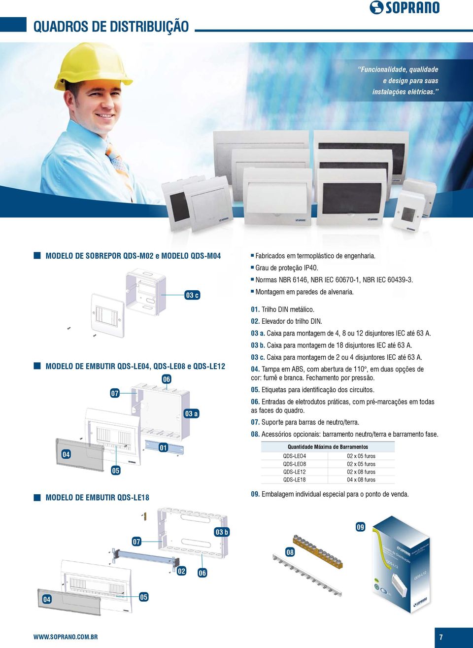 Caixa para montagem de 4, 8 ou 12 disjuntores IEC até 63 A. 03 b. Caixa para montagem de 18 disjuntores IEC até 63 A. modelo de Embutir qds-le04, qds-le08 e QDS-LE12 06 07 03 a 03 c.