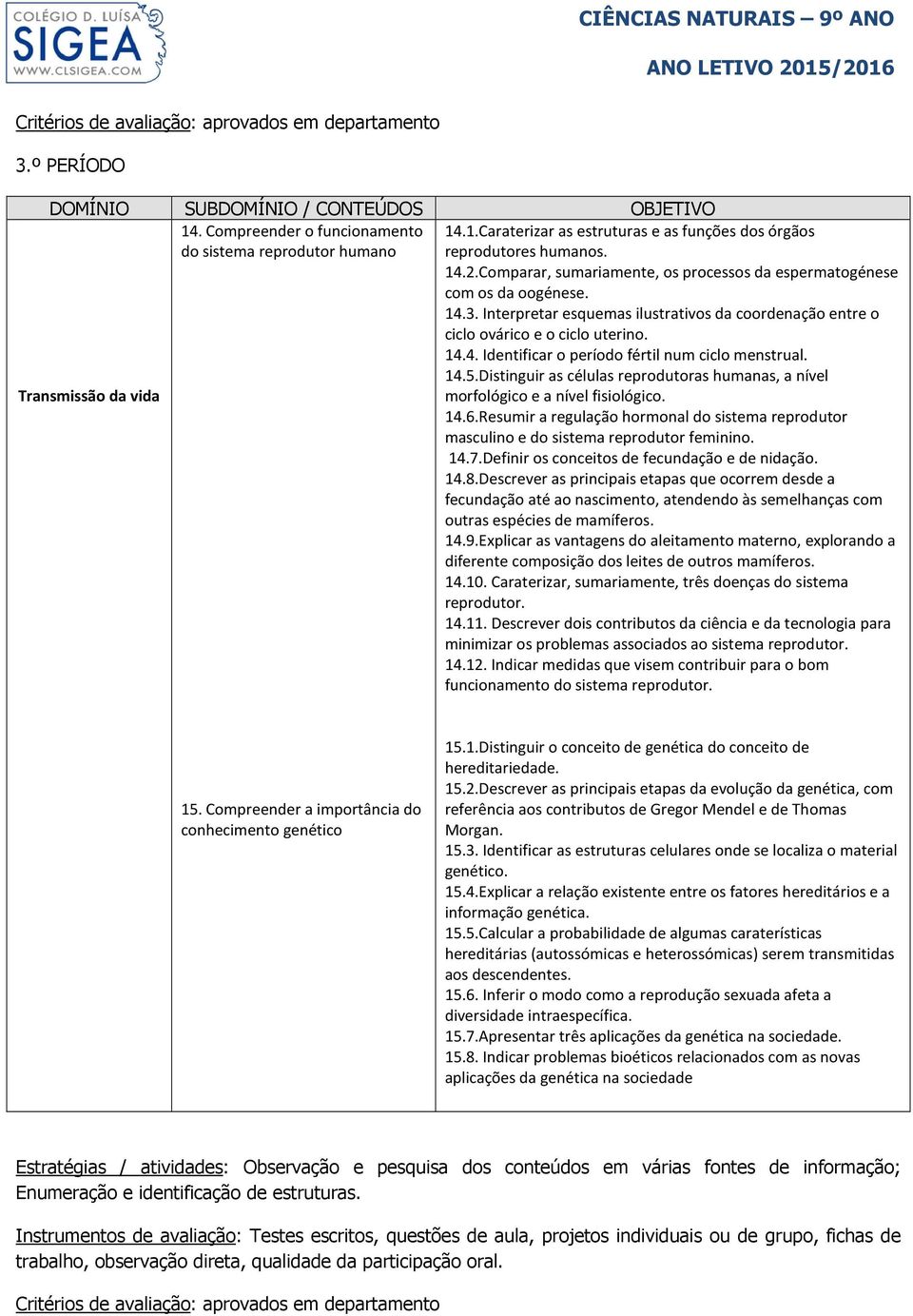 14.5.Distinguir as células reprodutoras humanas, a nível Transmissão da vida morfológico e a nível fisiológico. 14.6.