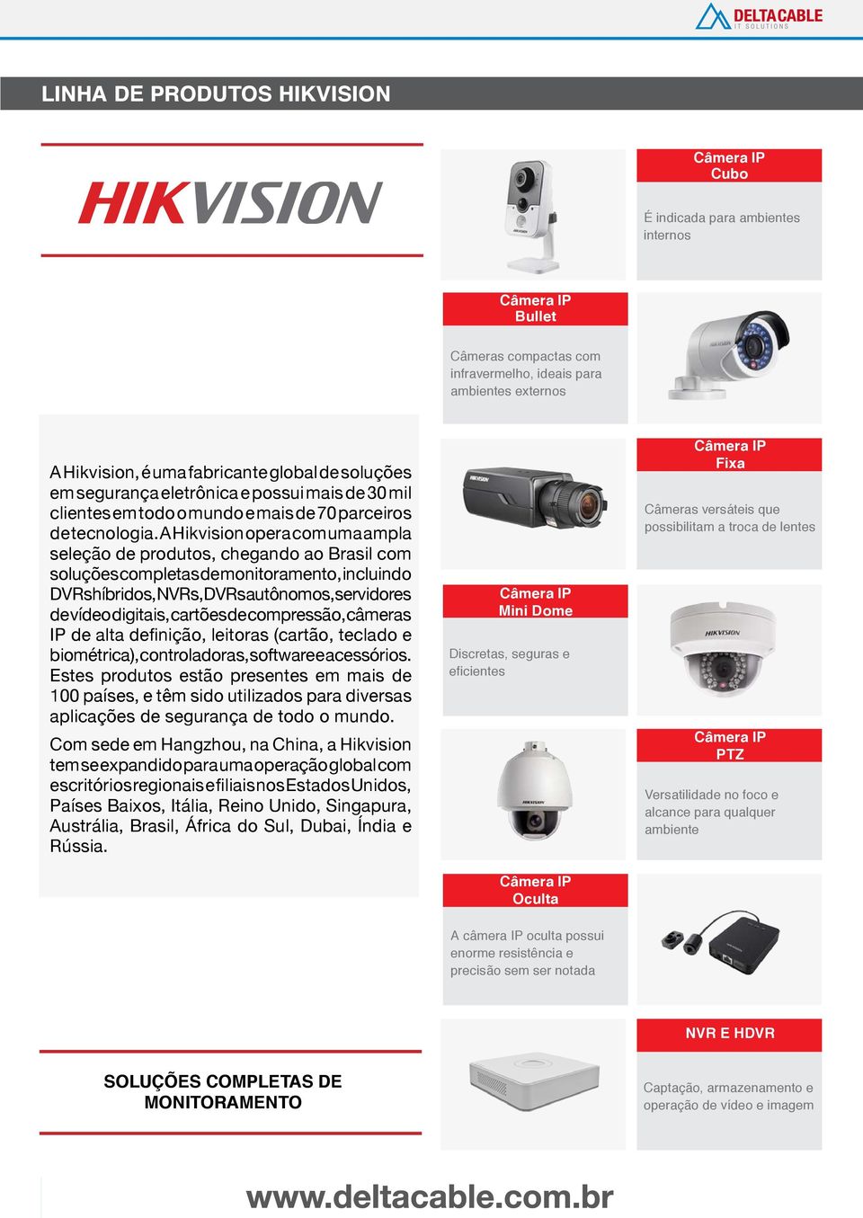A Hikvision opera com uma ampla seleção de produtos, chegando ao Brasil com soluções completas de monitoramento, incluindo DVRs híbridos, NVRs, DVRs autônomos, servidores de vídeo digitais, cartões