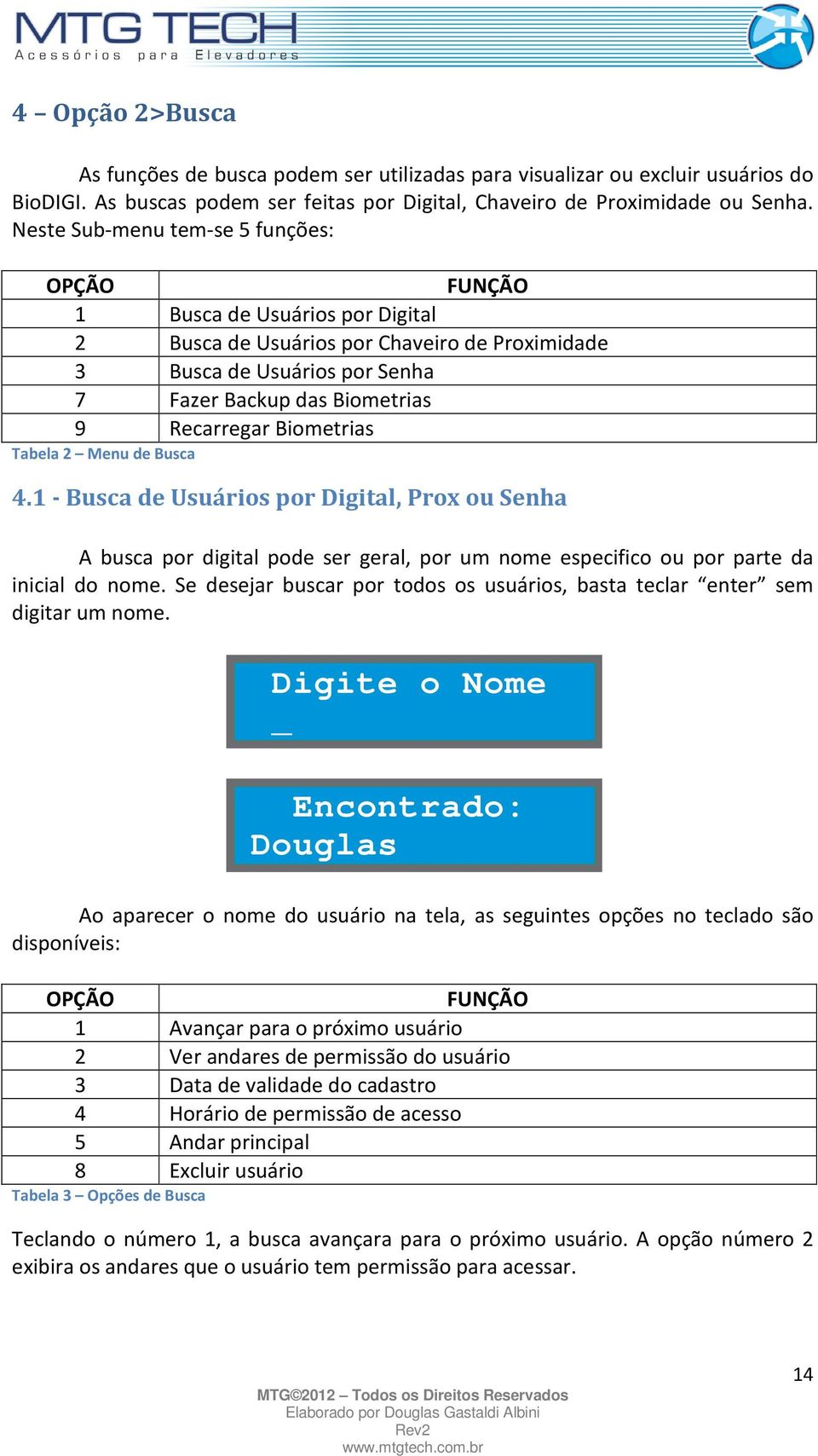 Biometrias Tabela 2 Menu de Busca 4.1 - Busca de Usuários por Digital, Prox ou Senha A busca por digital pode ser geral, por um nome especifico ou por parte da inicial do nome.