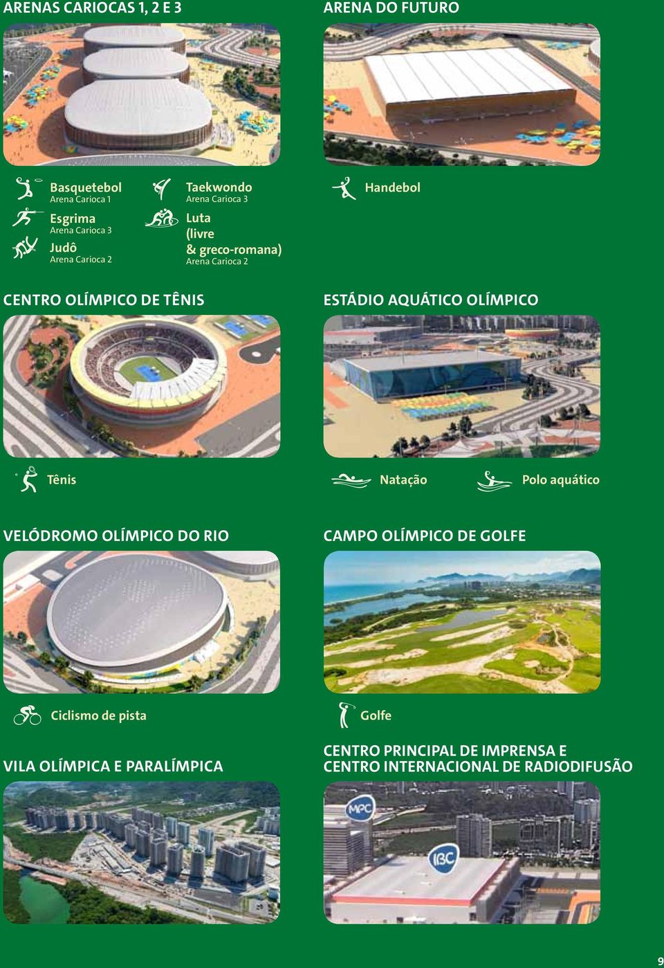 Tênis Estádio Aquático Olímpico Tênis Natação Polo aquático Velódromo Olímpico do Rio Campo Olímpico de Golfe