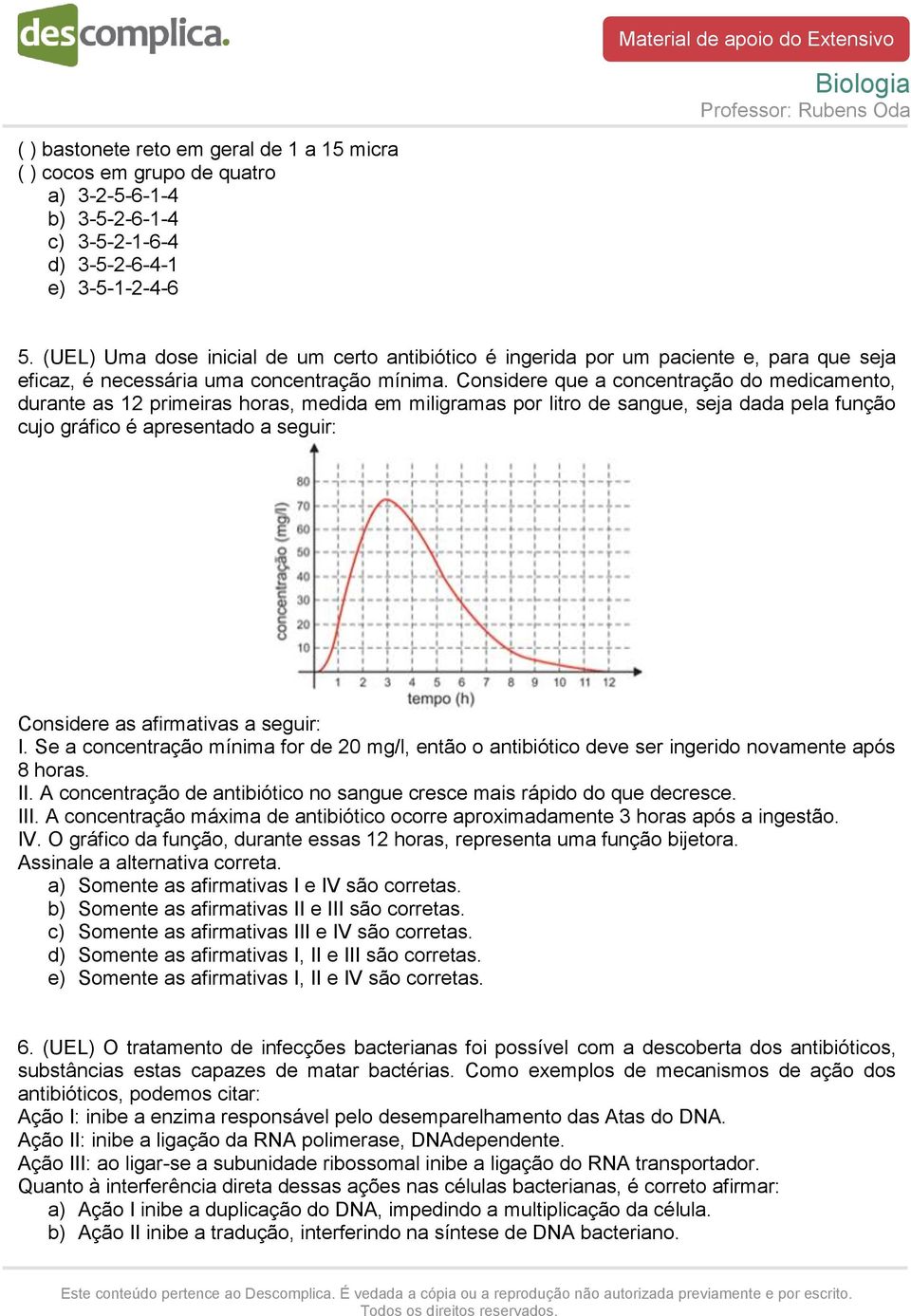 Considere que a concentração do medicamento, durante as 12 primeiras horas, medida em miligramas por litro de sangue, seja dada pela função cujo gráfico é apresentado a seguir: Considere as