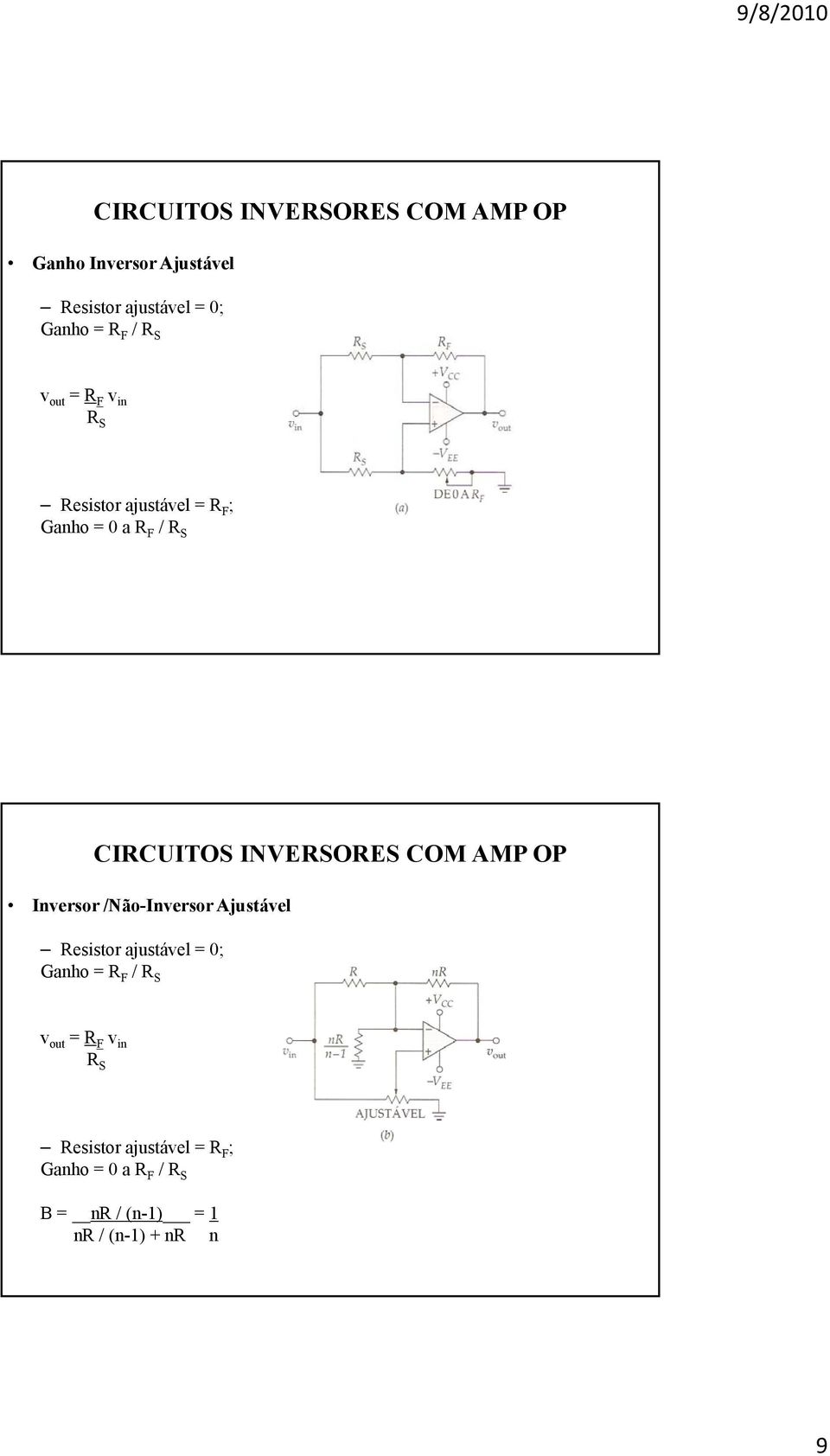 COM AMP OP Inversor /Não-Inversor Ajustável Resistor ajustável = 0; Ganho = R F /R S v out = R