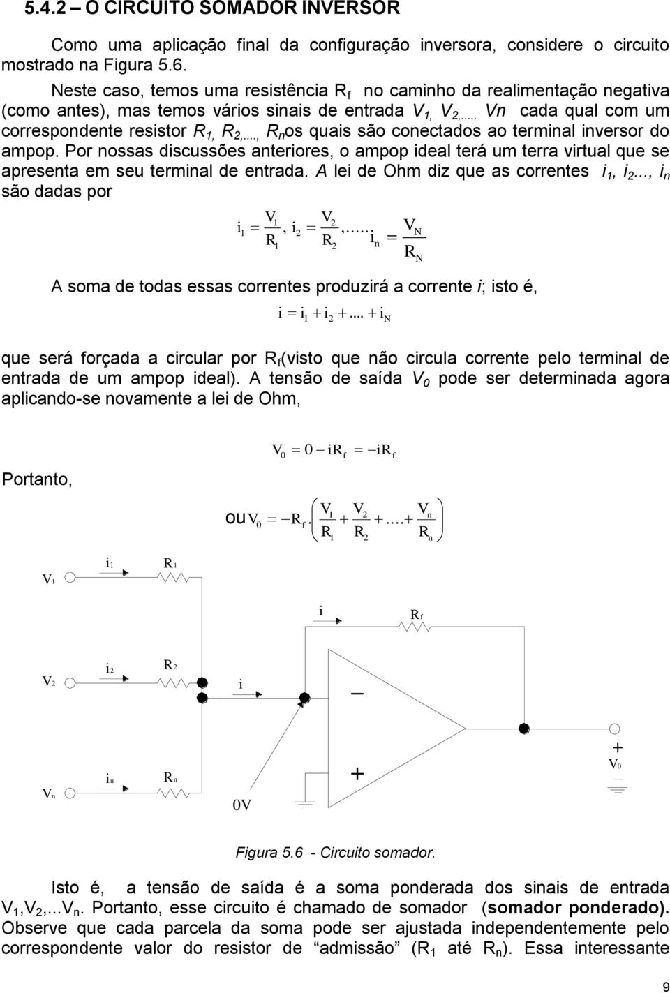 .., R n os quais são conectados ao terminal inversor do ampop. Por nossas discussões anteriores, o ampop ideal terá um terra virtual que se apresenta em seu terminal de entrada.