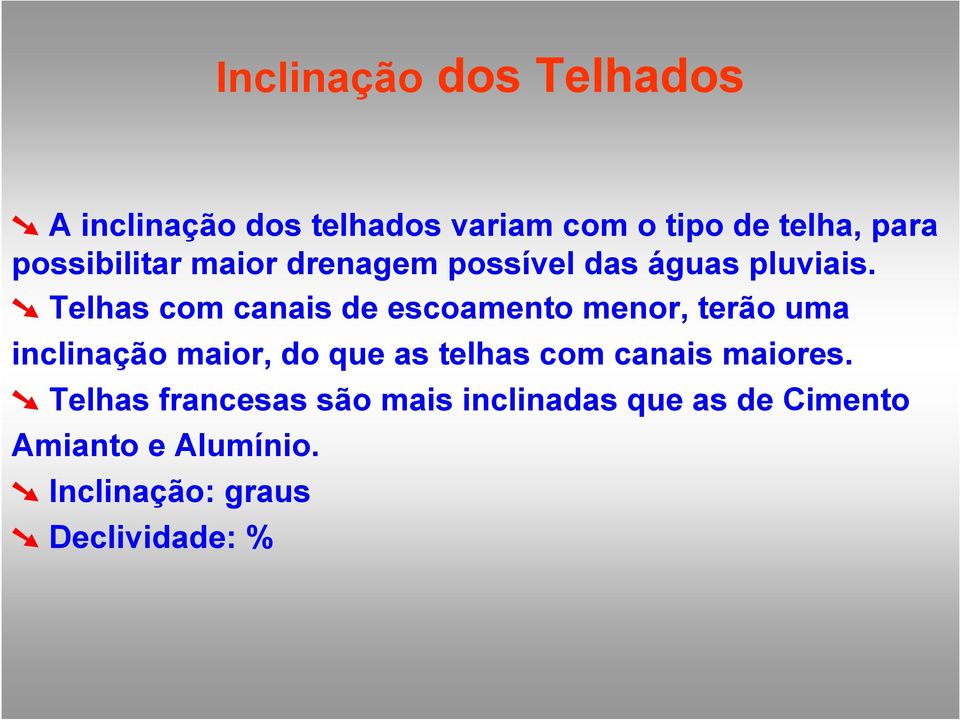 Telhas com canais de escoamento menor, terão uma inclinação maior, do que as telhas com