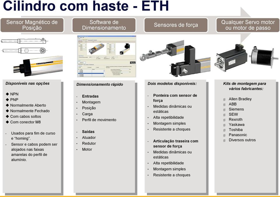 Dimensionamento rápido - Entradas Montagem Posição Carga Perfil de movimento - Saídas Atuador Redutor Motor Dois modelos disponíveis: - Ponteira com sensor de força Medidas dinâmicas ou estáticas