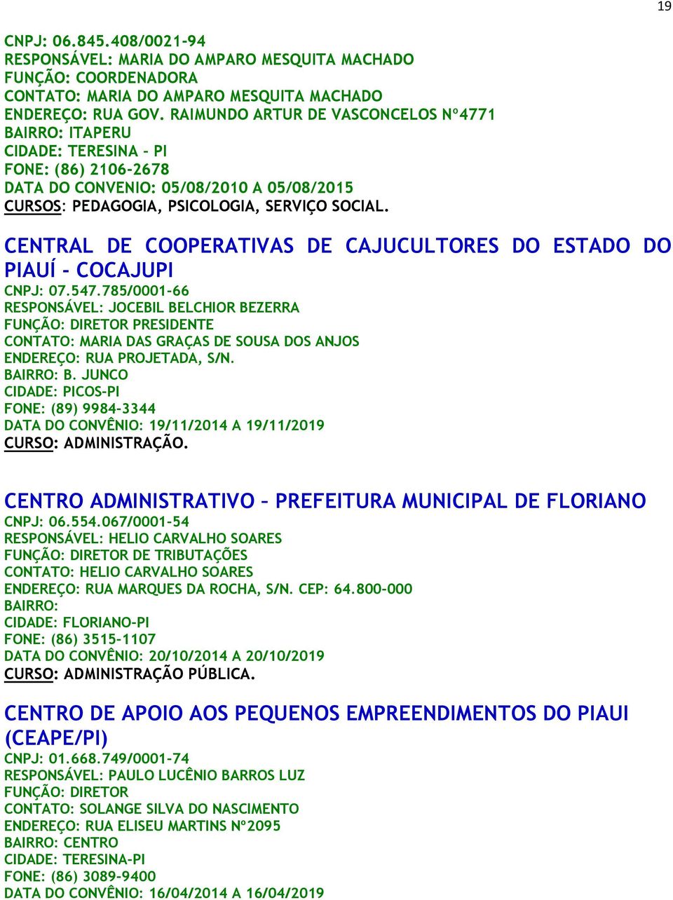 CENTRAL DE COOPERATIVAS DE CAJUCULTORES DO ESTADO DO PIAUÍ - COCAJUPI CNPJ: 07.547.