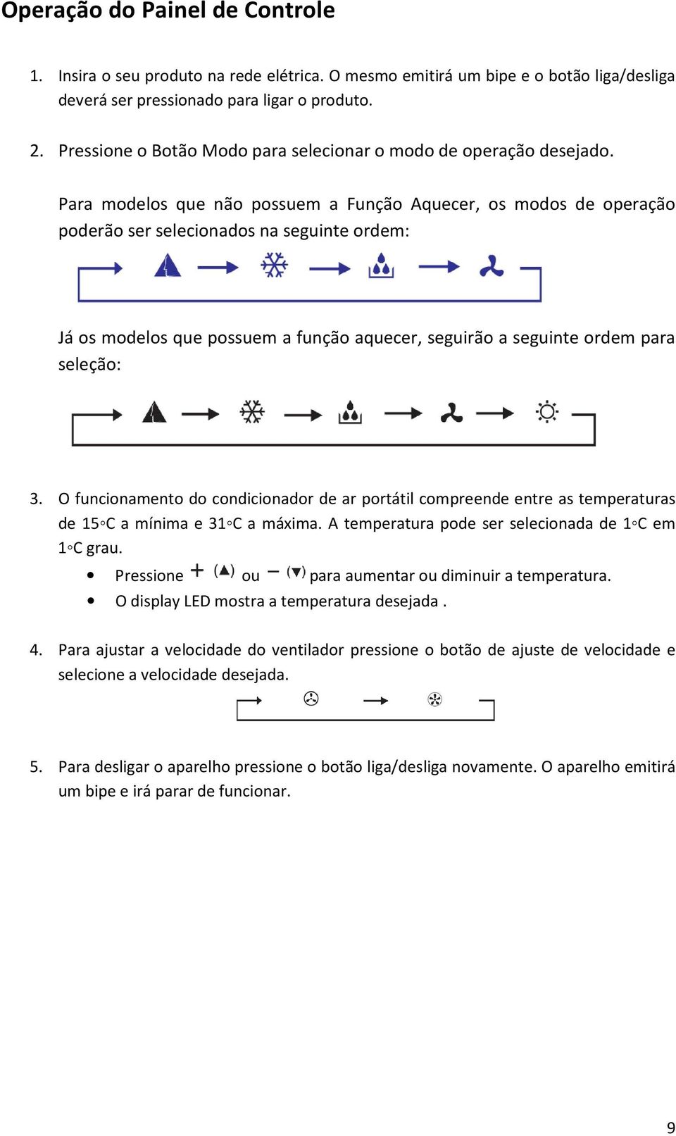 Para modelos que não possuem a Função Aquecer, os modos de operação poderão ser selecionados na seguinte ordem: Já os modelos que possuem a função aquecer, seguirão a seguinte ordem para seleção: 3.