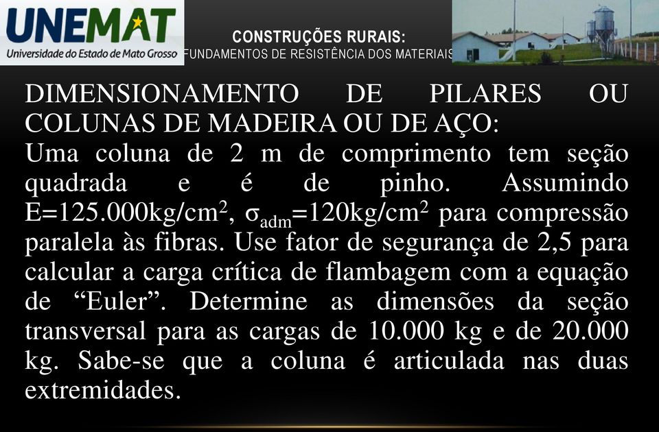 Use fator de segurança de 2,5 para calcular a carga crítica de flambagem com a equação de Euler.