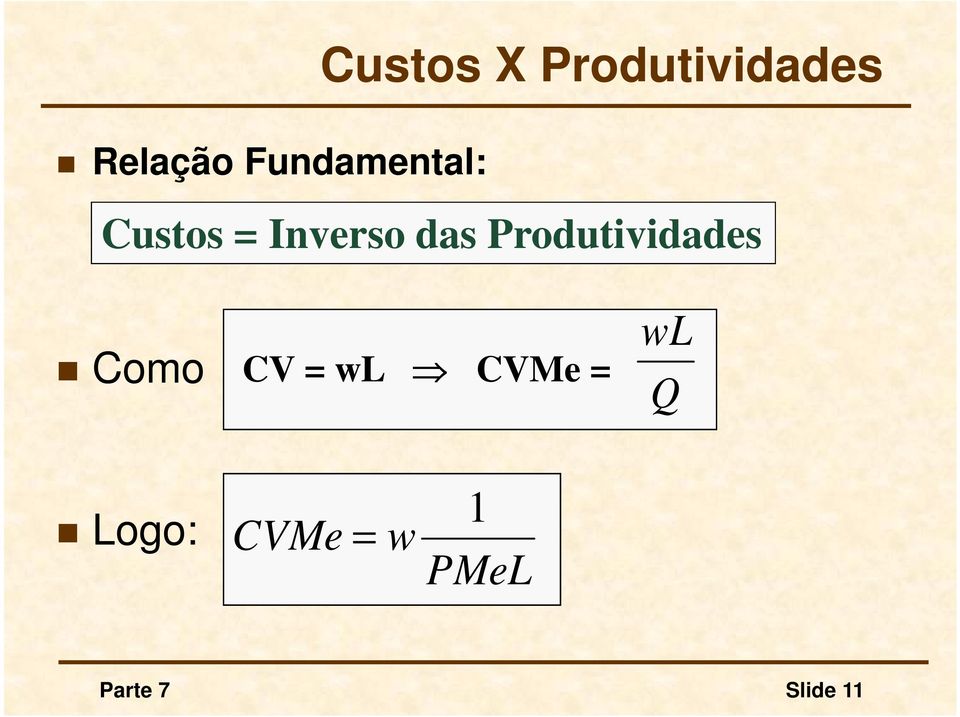 Produtividades Como CV = wl CVMe =