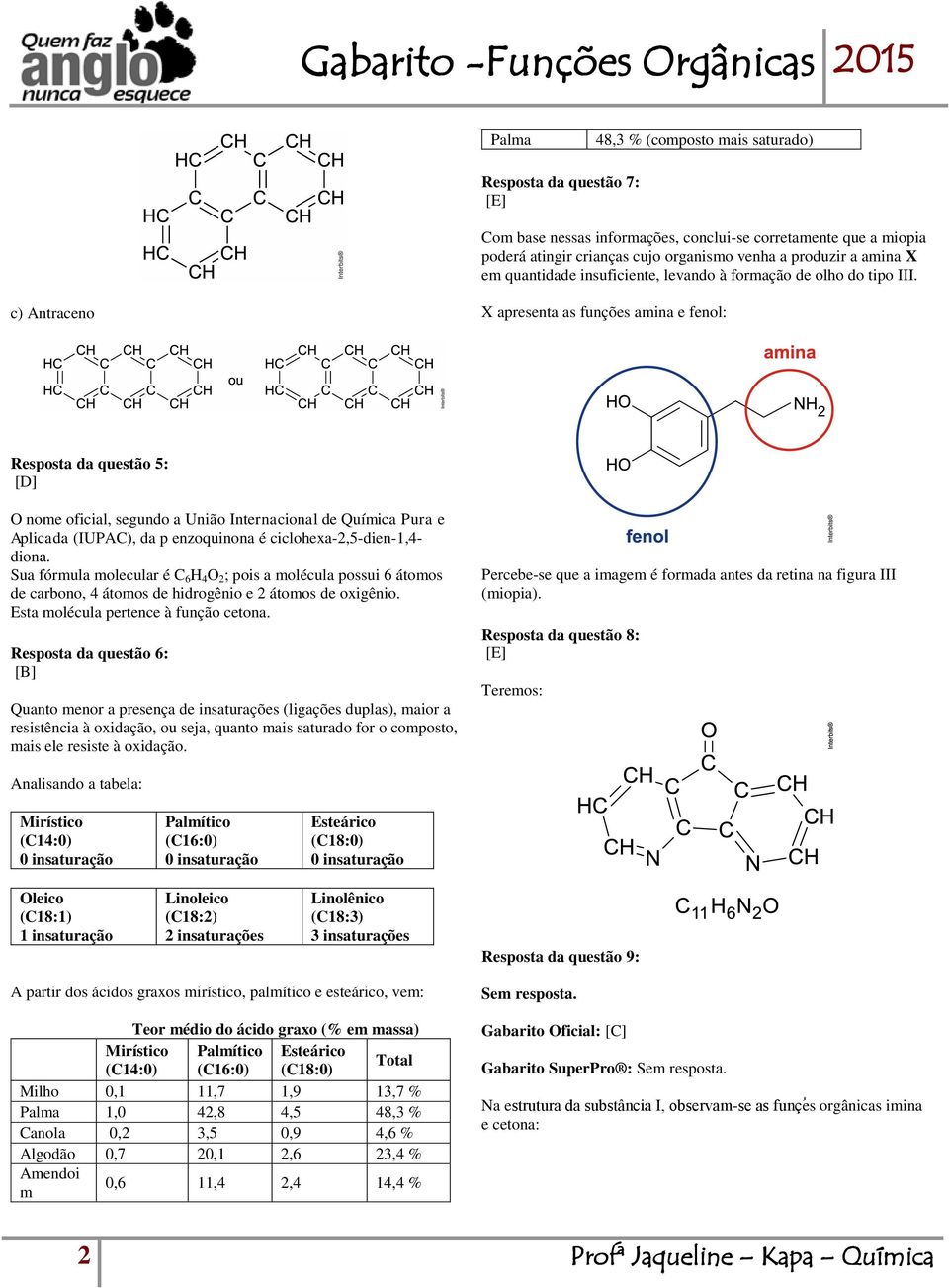 c) Antraceno X apresenta as funções amina e fenol: Resposta da questão 5: [D] O nome oficial, segundo a União Internacional de Química Pura e Aplicada (IUPAC), da p enzoquinona é