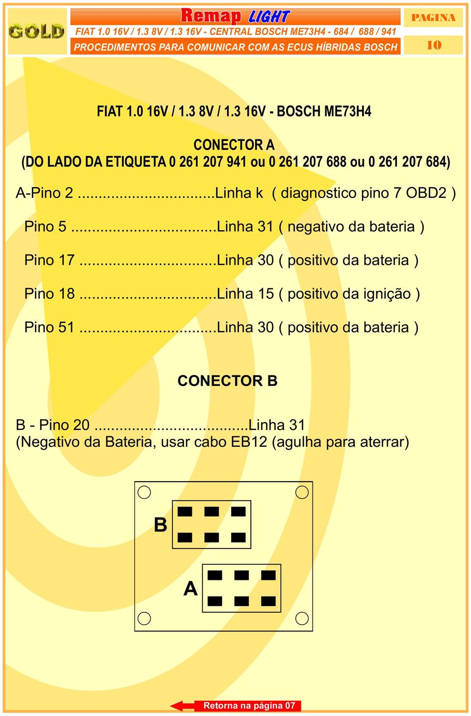 ..Linha 15 ( positivo da ignição ) Pino 51...Linha 30 ( positivo da bateria ) CONECTOR B B - Pino 20.