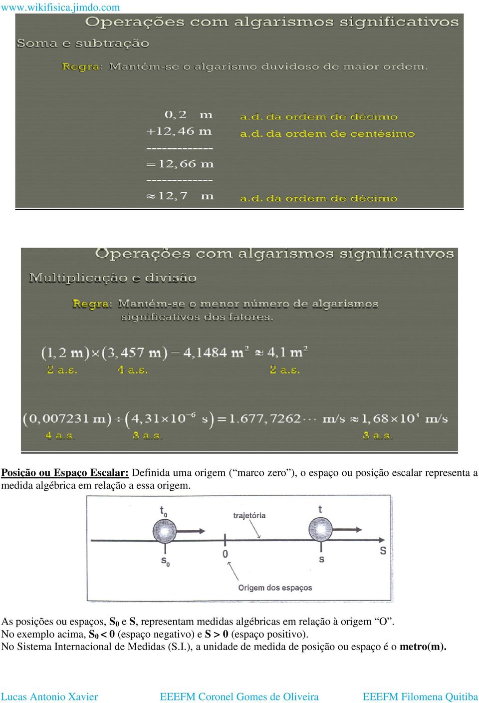 As posições ou espaços, S 0 e S, representam medidas algébricas em relação à origem O.