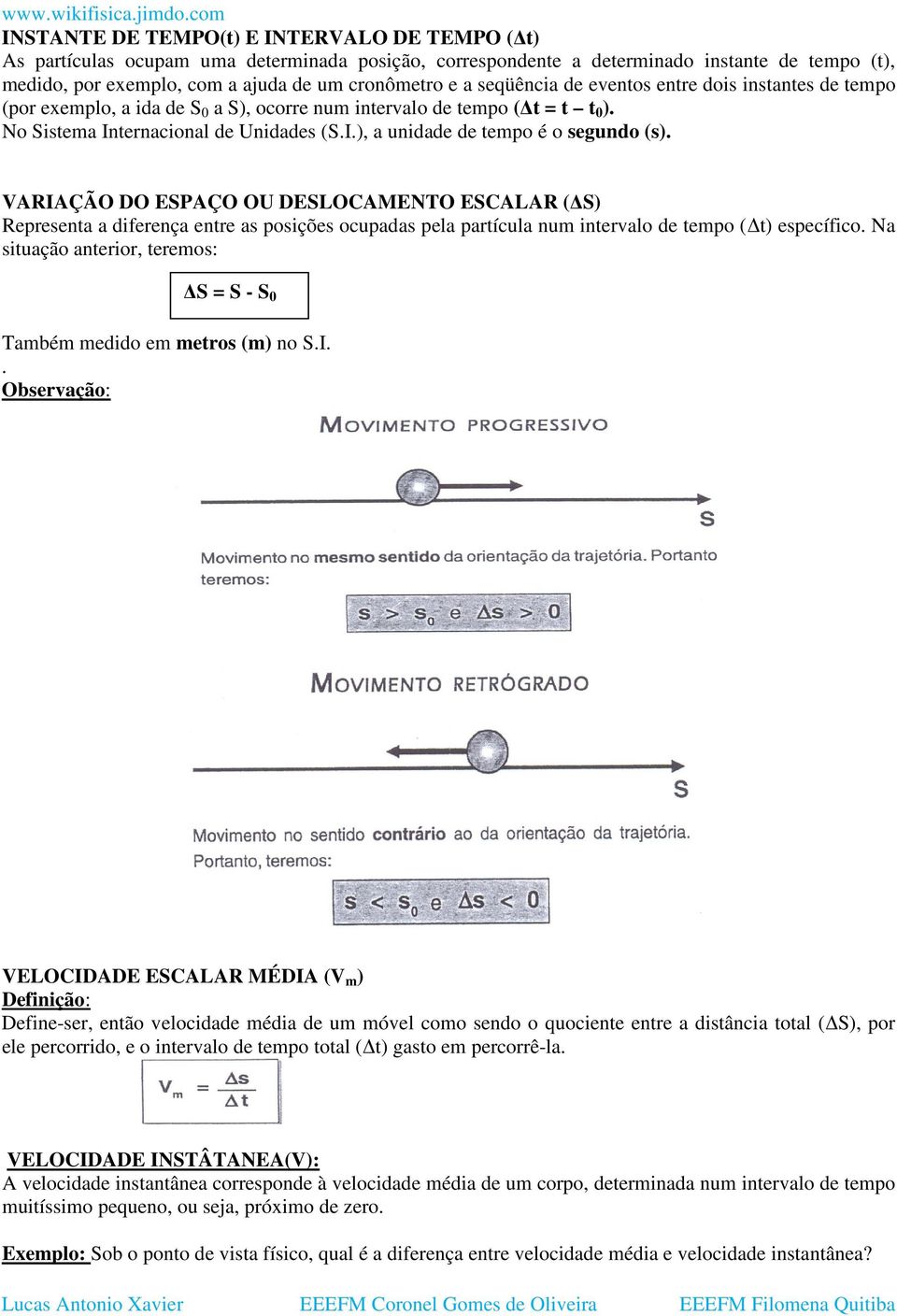 VARIAÇÃO DO ESPAÇO OU DESLOCAMENTO ESCALAR ( S) Representa a diferença entre as posições ocupadas pela partícula num intervalo de tempo ( t) específico.