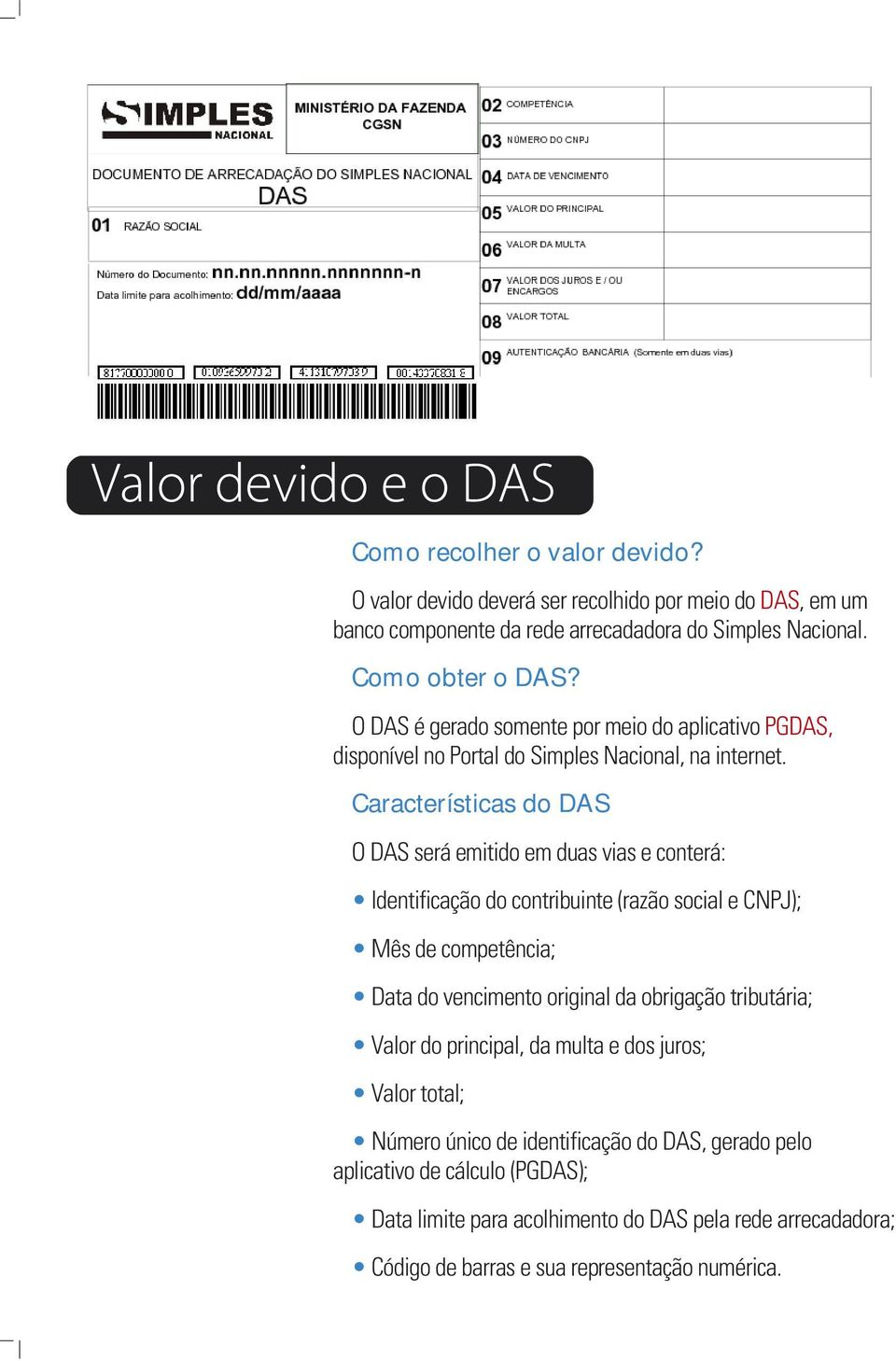 Características do DAS O DAS será emitido em duas vias e conterá: Identificação do contribuinte (razão social e CNPJ); Mês de competência; Data do vencimento original da