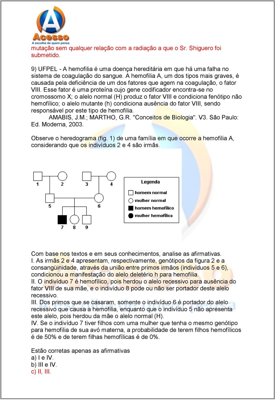 Esse fator é uma proteína cujo gene codificador encontra-se no cromossomo X; o alelo normal (H) produz o fator VIII e condiciona fenótipo não hemofílico; o alelo mutante (h) condiciona ausência do